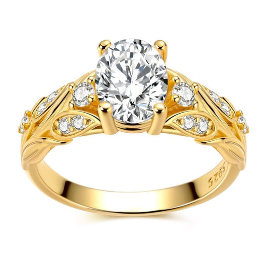 Bague Solitaire Ovale Feuille Dorée Scintillante
