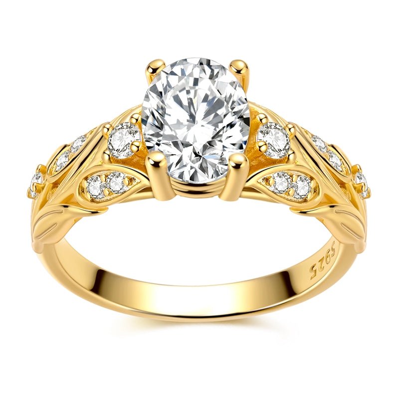 Bague Solitaire Ovale Feuille Dorée Scintillante