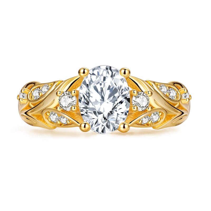 Bague Solitaire Ovale Feuille Dorée Scintillante