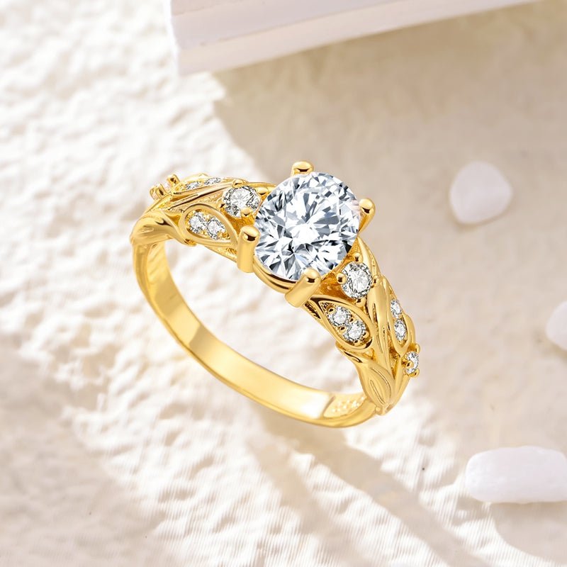 Bague Solitaire Ovale Feuille Dorée Scintillante