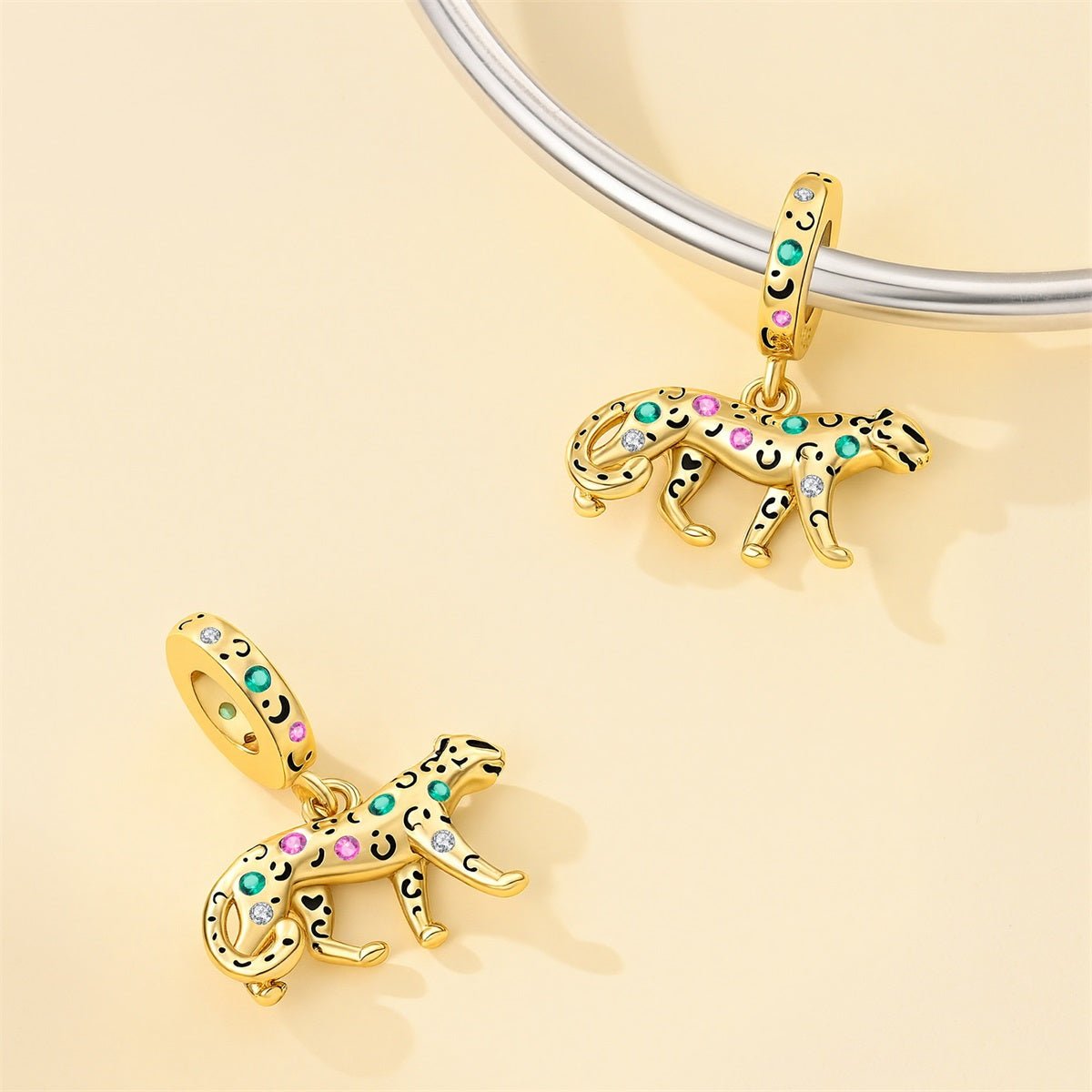 Charm Pendant Léopard Doré aux Pierres Colorées