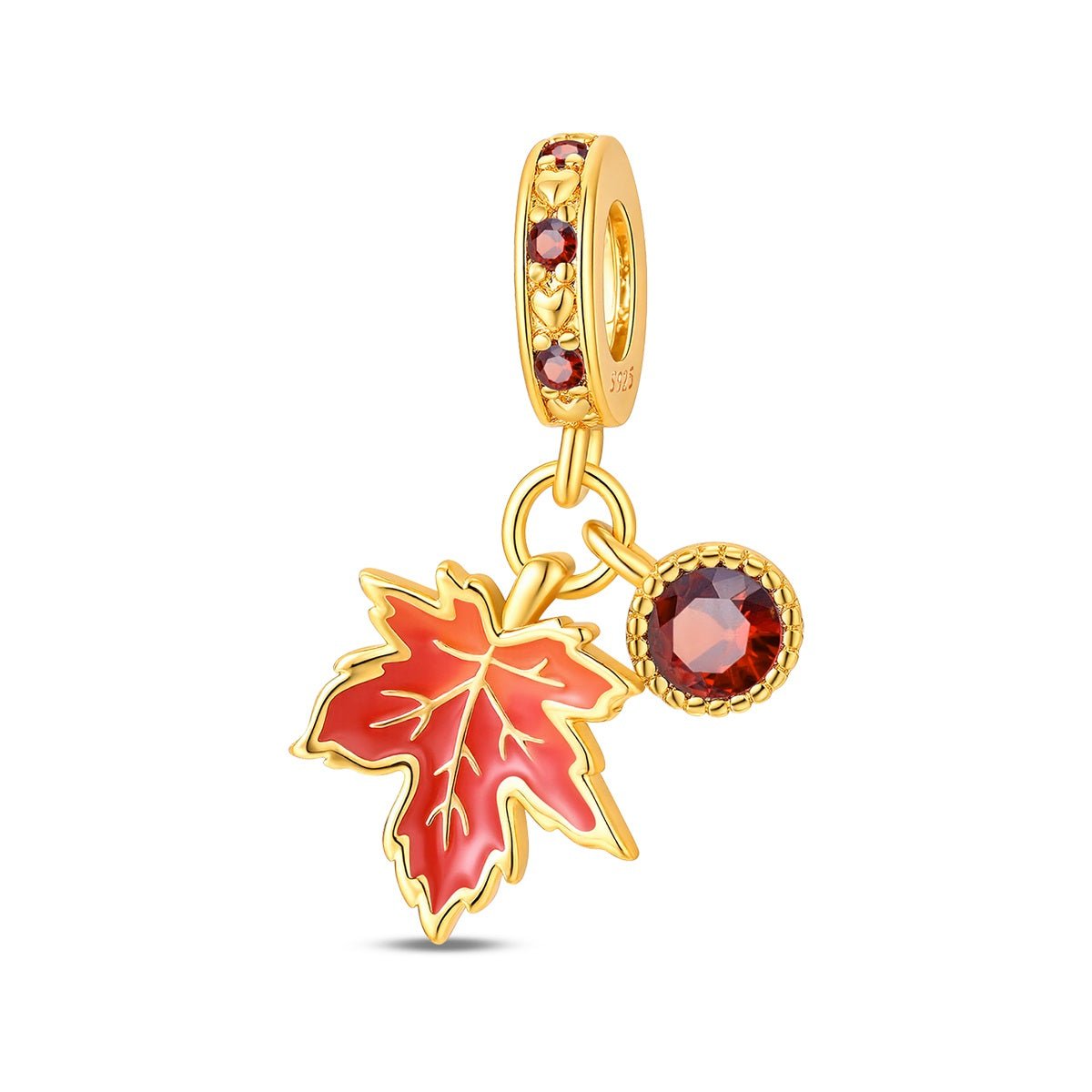 Charm Pendant Feuille d'Érable Dorée et Cristal Rouge