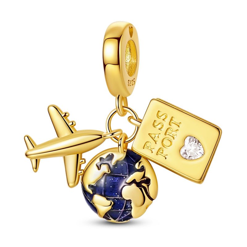 Charm Triple Pendant Doré Passeport, Globe et Avion