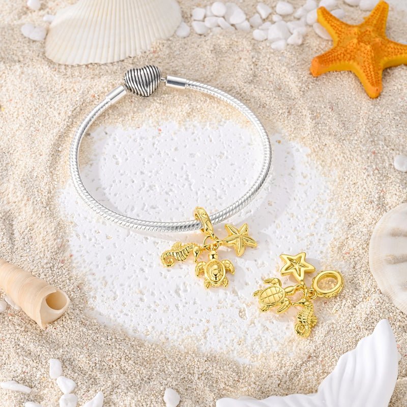Charm Pendant Doré Tortue Marine, Hippocampe et Étoile de Mer