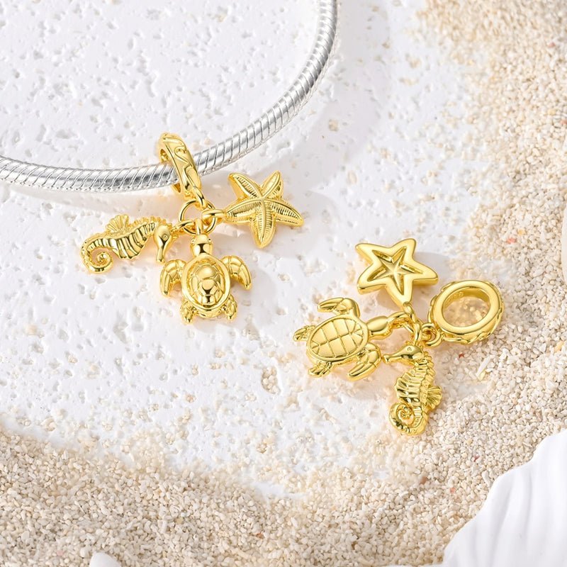 Charm Pendant Doré Tortue Marine, Hippocampe et Étoile de Mer