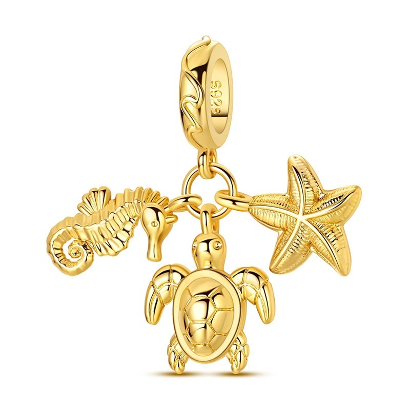Charm Pendant Doré Tortue Marine, Hippocampe et Étoile de Mer