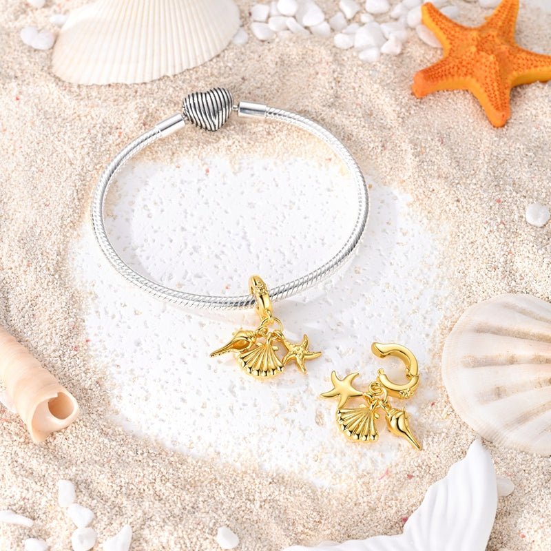 Charm Pendant Doré Coquillage, Étoile de Mer et Conque