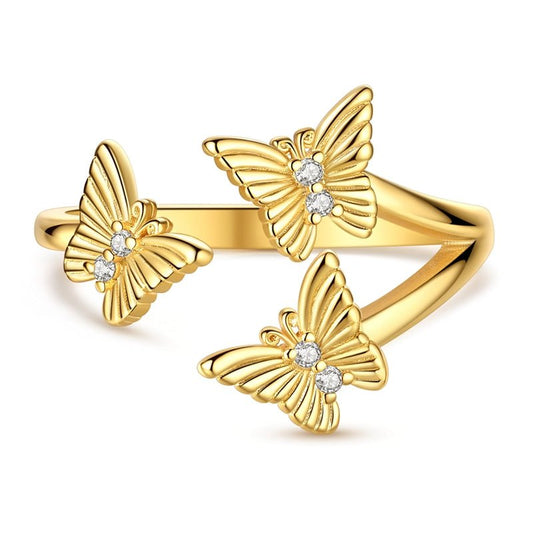 Bague Réglable Triple Papillon Dorée