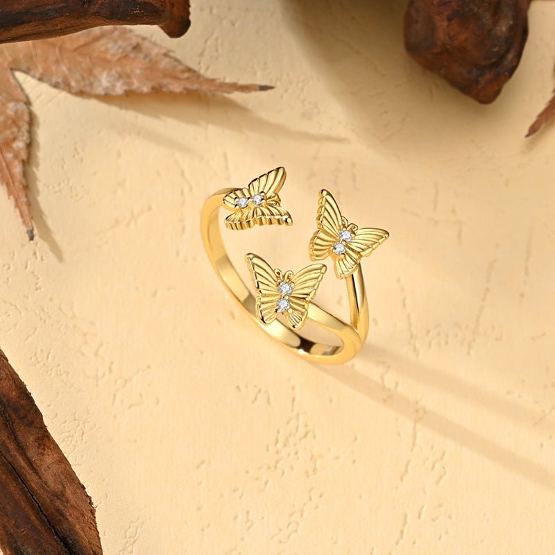 Bague Réglable Triple Papillon Dorée