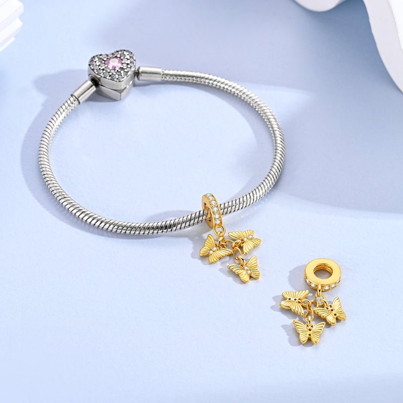 Charm Triple Pendant Papillons Dorés