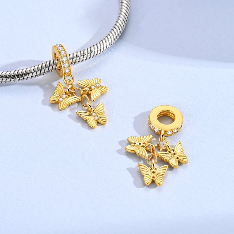Charm Triple Pendant Papillons Dorés