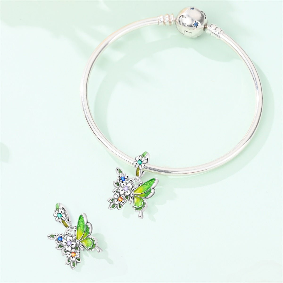 Charm Pendant Papillon Vert et Fleurs Multicolores