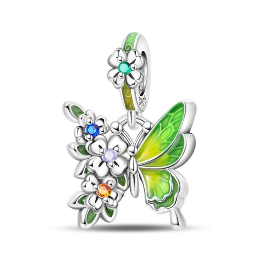 Charm Pendant Papillon Vert et Fleurs Multicolores