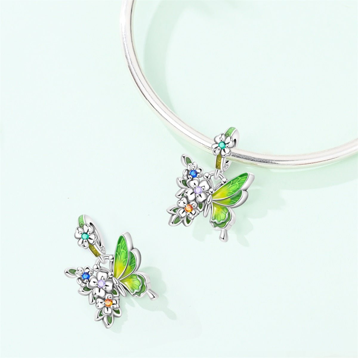 Charm Pendant Papillon Vert et Fleurs Multicolores