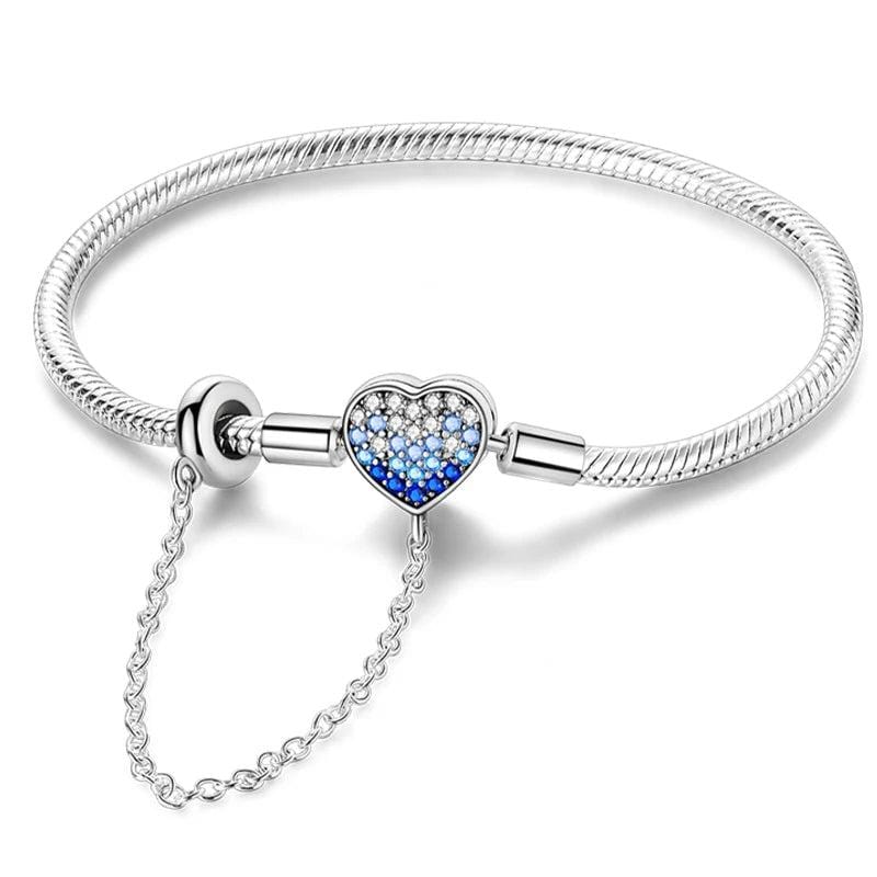 Bracelet à Charms Cœur avec Cristaux Dégradé Bleu et Chaîne de Sécurité