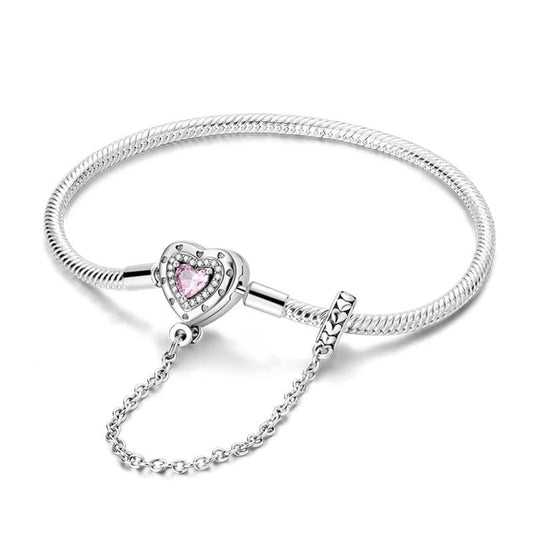 Bracelet à Charms Cœur avec Cristal Rose et Chaîne de Sécurité