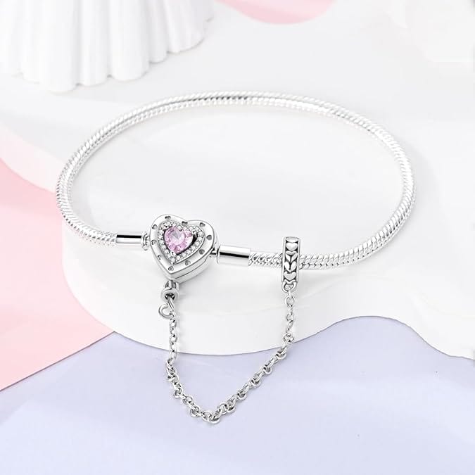 Bracelet à Charms Cœur avec Cristal Rose et Chaîne de Sécurité