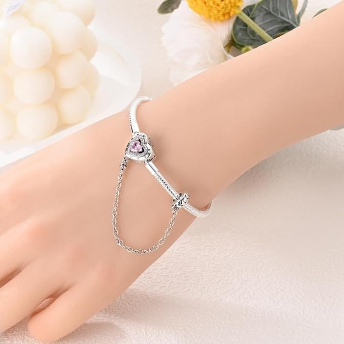 Bracelet à Charms Cœur avec Cristal Rose et Chaîne de Sécurité