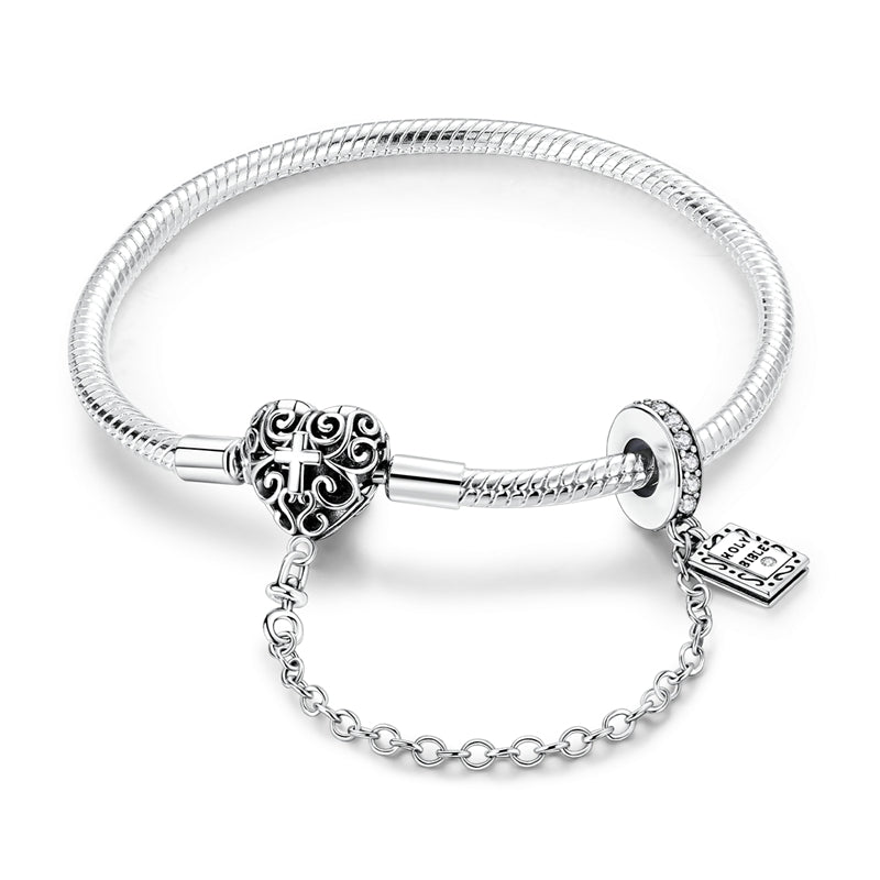 Bracelet à Charms Cœur et Croix avec Chaîne de Sécurité Bible