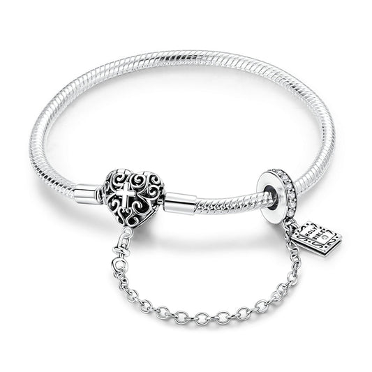 Bracelet à Charms Cœur et Croix avec Chaîne de Sécurité Bible