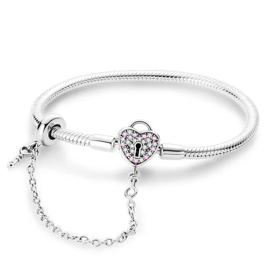 Bracelet à Charms Cadenas Cœur avec Accents Roses et Chaîne de Sécurité