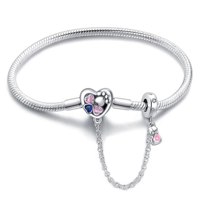 Bracelet à Charms Cœur et Patte avec Chaîne de Sécurité