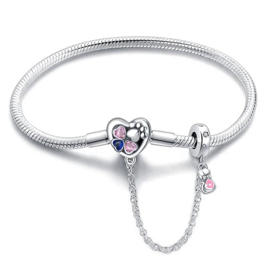 Bracelet à Charms Cœur et Patte avec Chaîne de Sécurité
