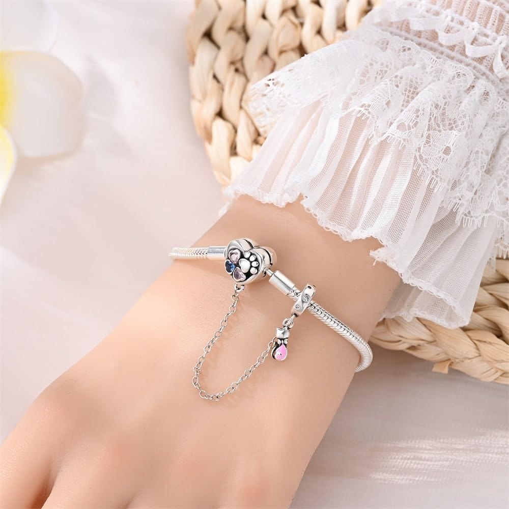 Bracelet à Charms Cœur et Patte avec Chaîne de Sécurité
