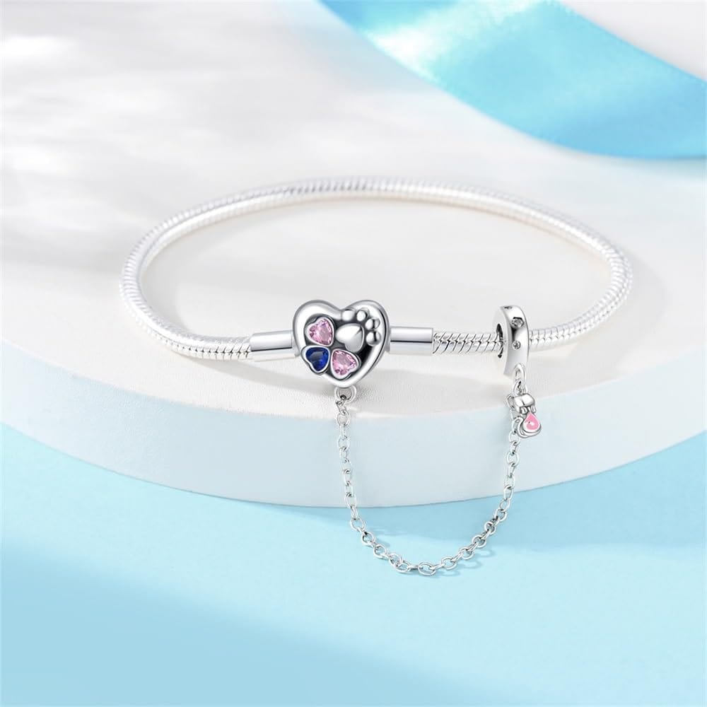 Bracelet à Charms Cœur et Patte avec Chaîne de Sécurité