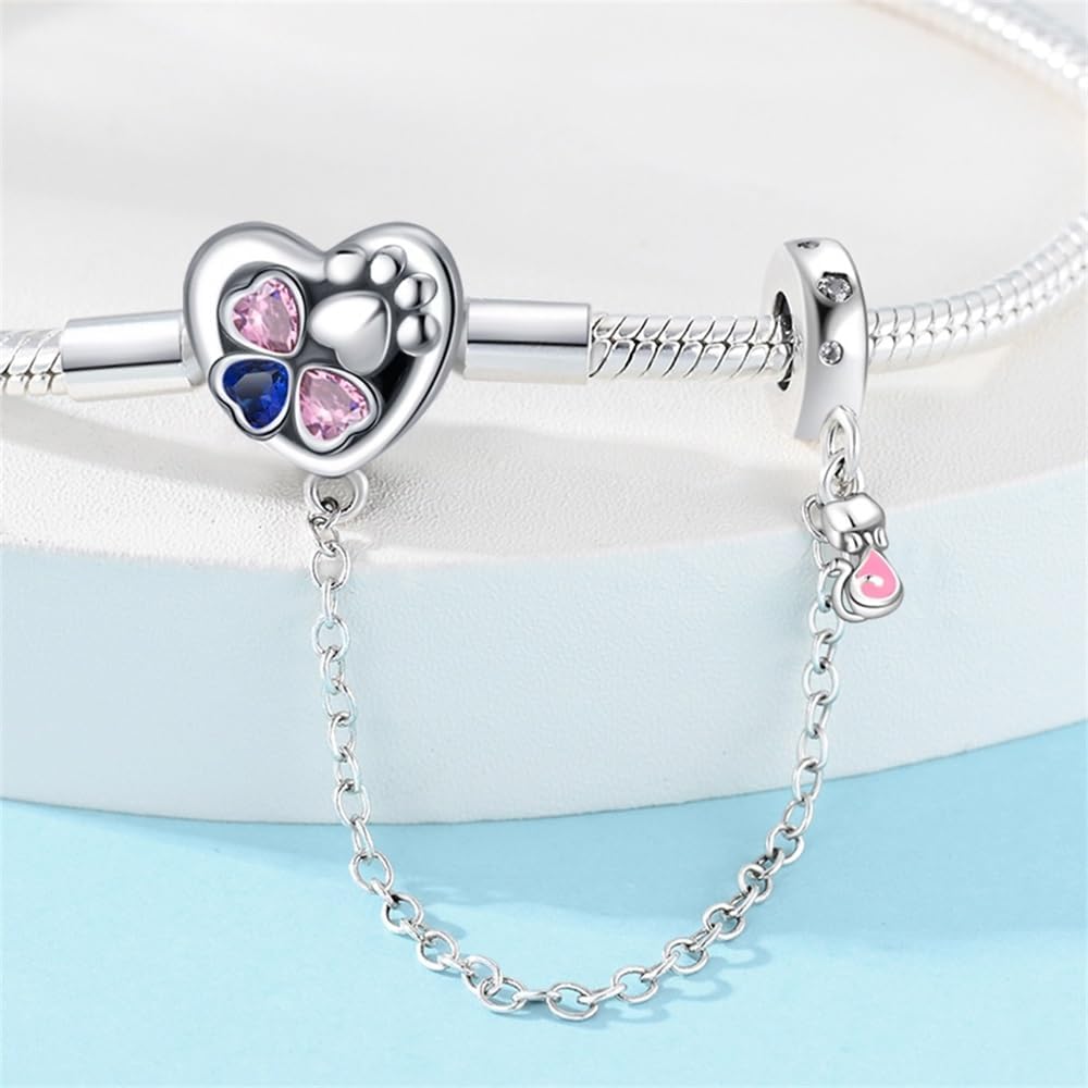 Bracelet à Charms Cœur et Patte avec Chaîne de Sécurité