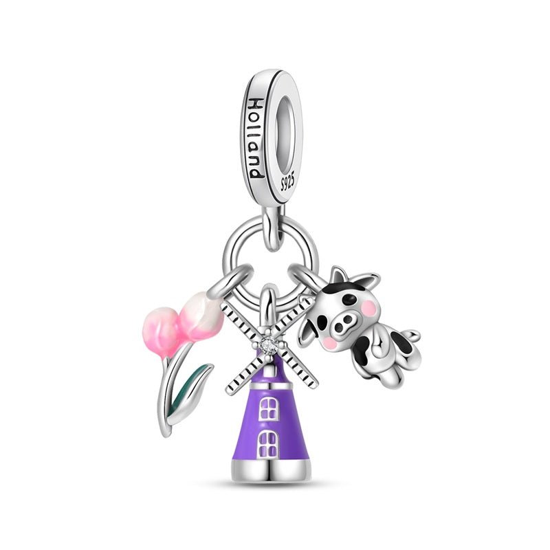 Charm Pendant Hollande Moulin, Tulipes et Vache