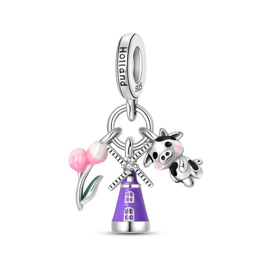 Charm Pendant Hollande Moulin, Tulipes et Vache