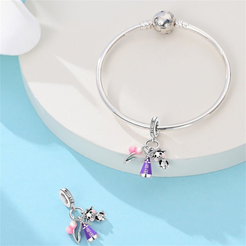 Charm Pendant Hollande Moulin, Tulipes et Vache