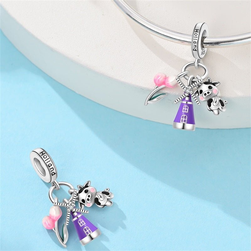 Charm Pendant Hollande Moulin, Tulipes et Vache