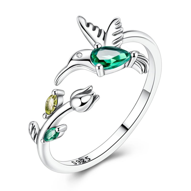 Bague Réglable Colibri au Cristal Vert et Motif Floral