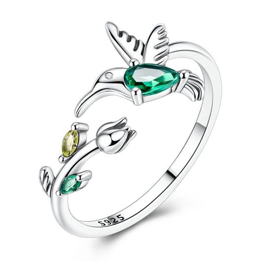 Bague Réglable Colibri au Cristal Vert et Motif Floral