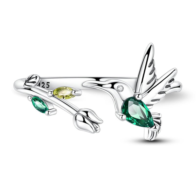 Bague Réglable Colibri au Cristal Vert et Motif Floral