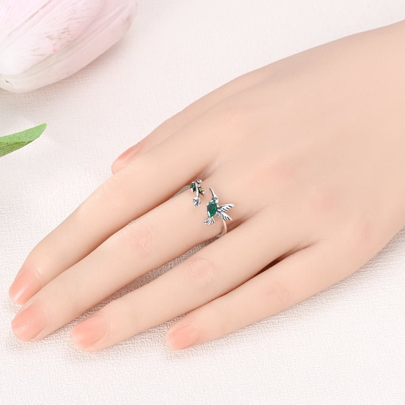 Bague Réglable Colibri au Cristal Vert et Motif Floral
