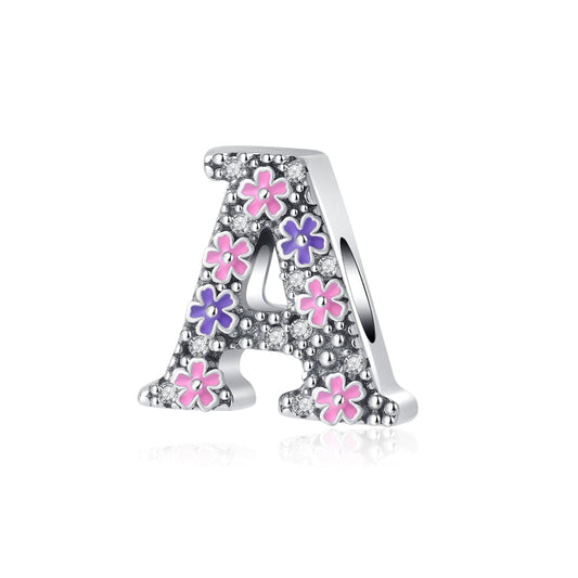 Charm Lettre Fleur Rose et Violette A~Z