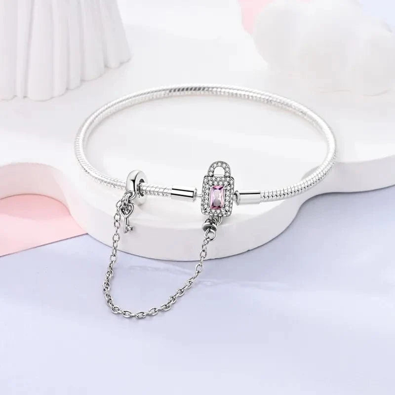 Bracelet Cadenas et Clé avec Cristal Rose et Chaîne de Sécurité