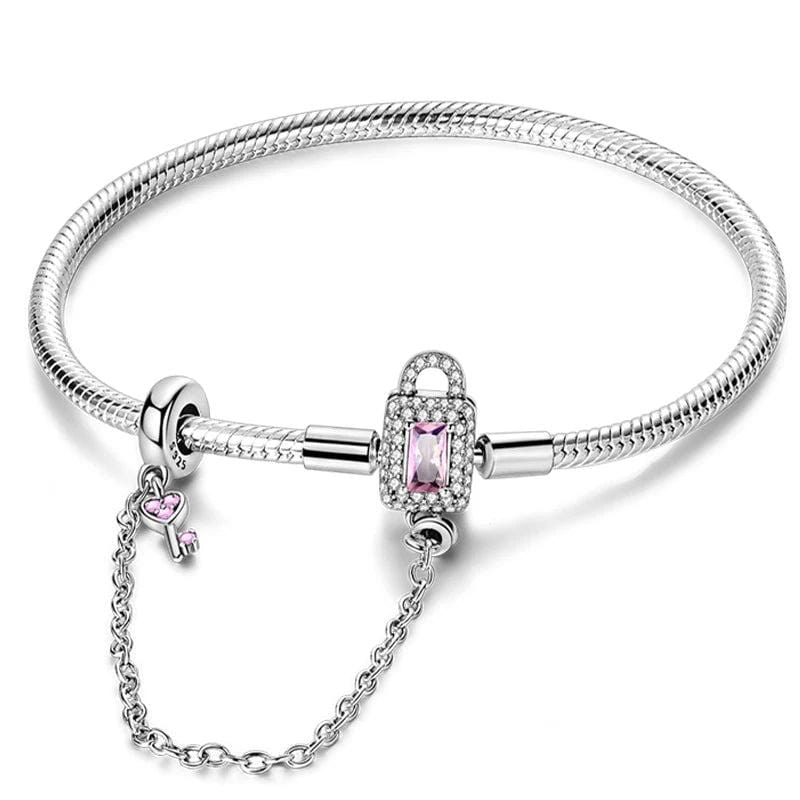 Bracelet Cadenas et Clé avec Cristal Rose et Chaîne de Sécurité