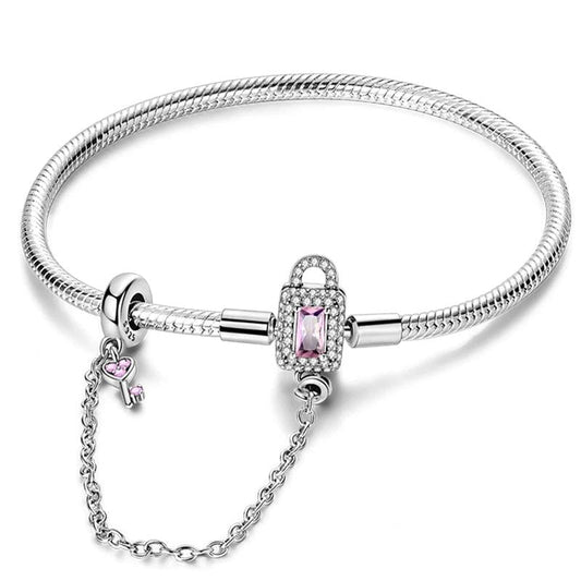 Bracelet Cadenas et Clé avec Cristal Rose et Chaîne de Sécurité