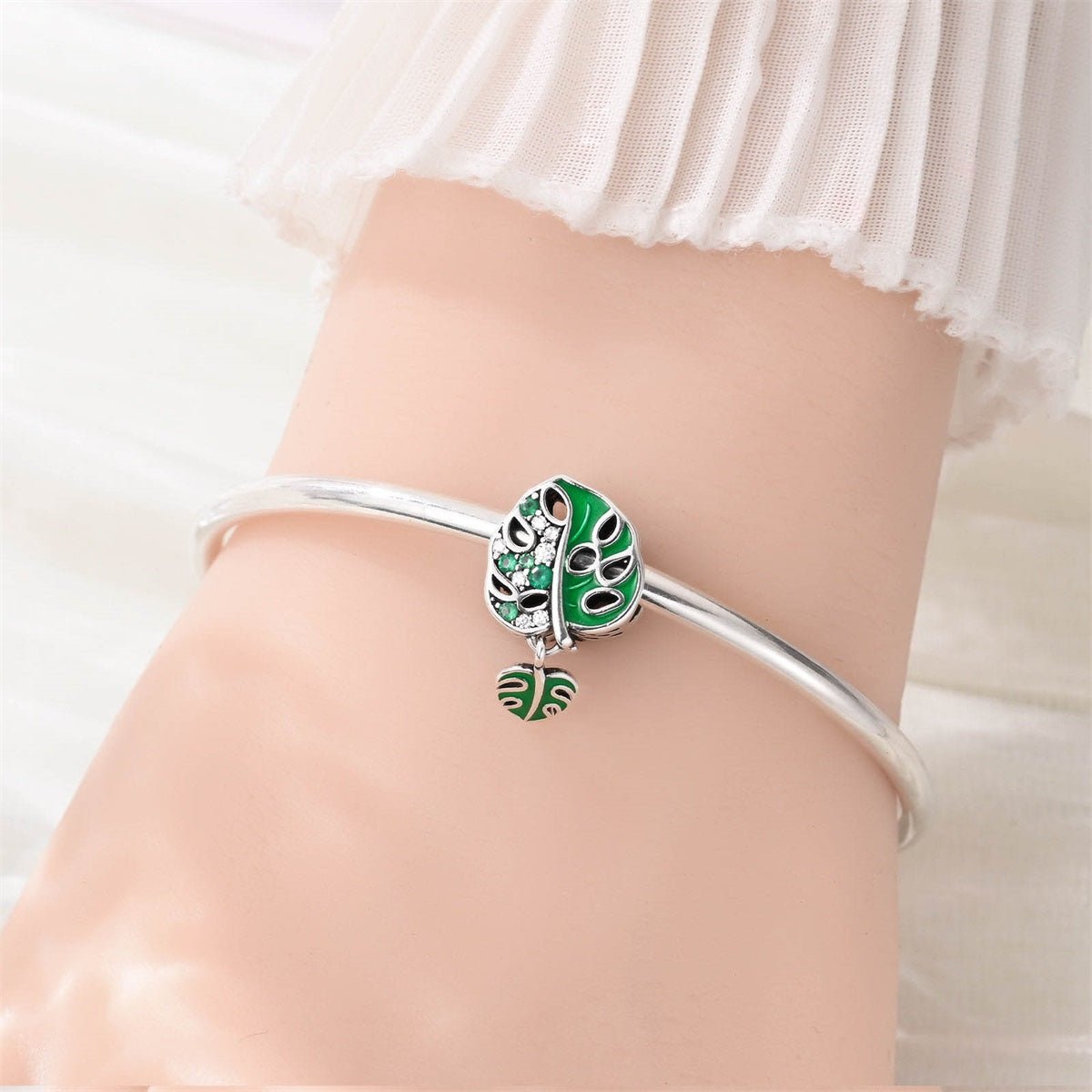Charm Pendant Feuille de Monstera et Cristal Vert