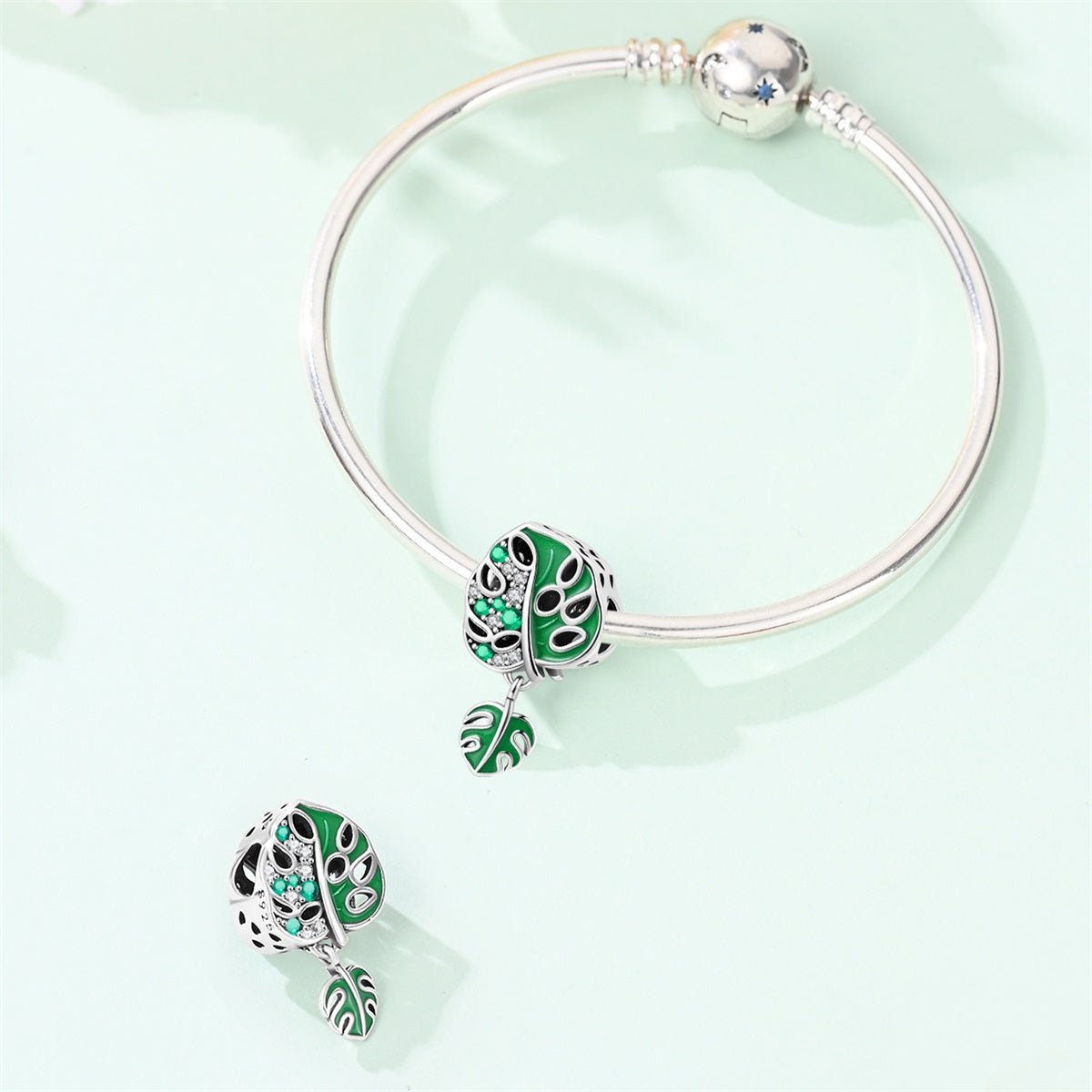 Charm Pendant Feuille de Monstera et Cristal Vert