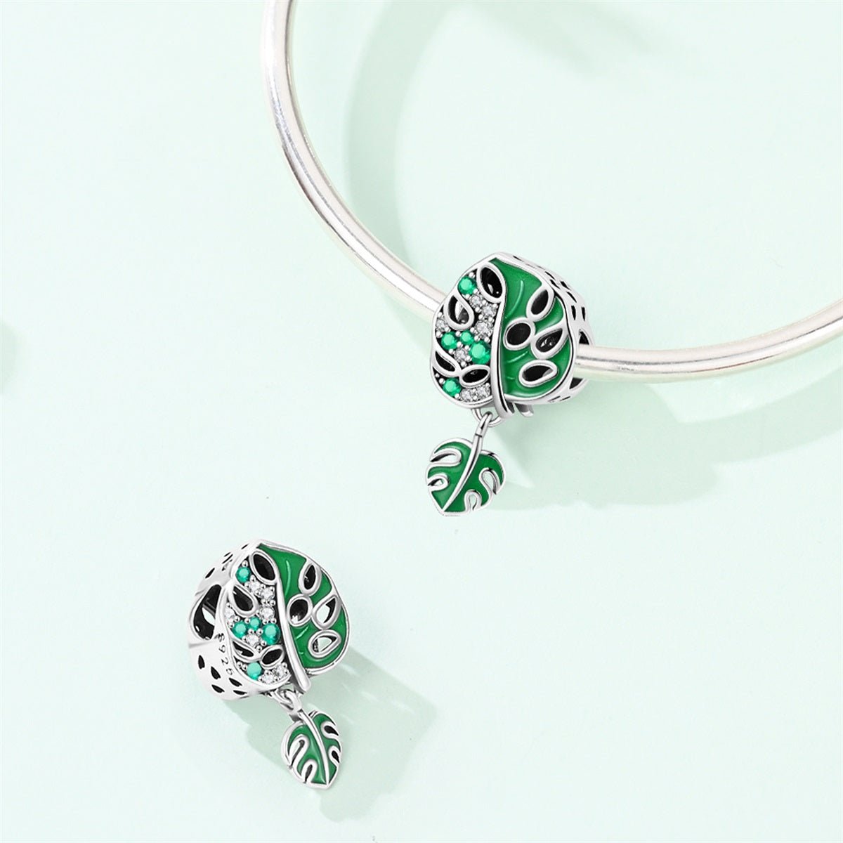 Charm Pendant Feuille de Monstera et Cristal Vert