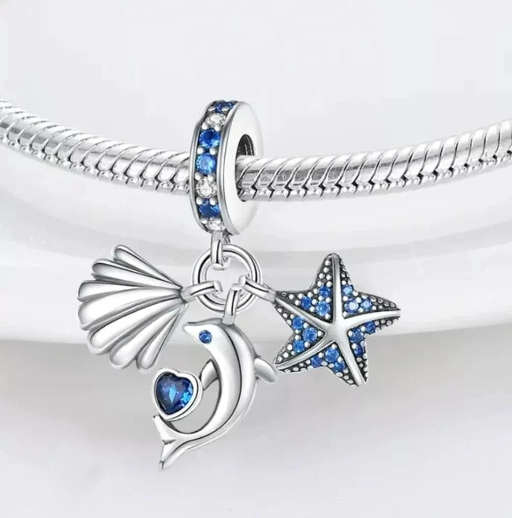 Charm Triple Pendant Poisson, Étoile de Mer et Coquillage