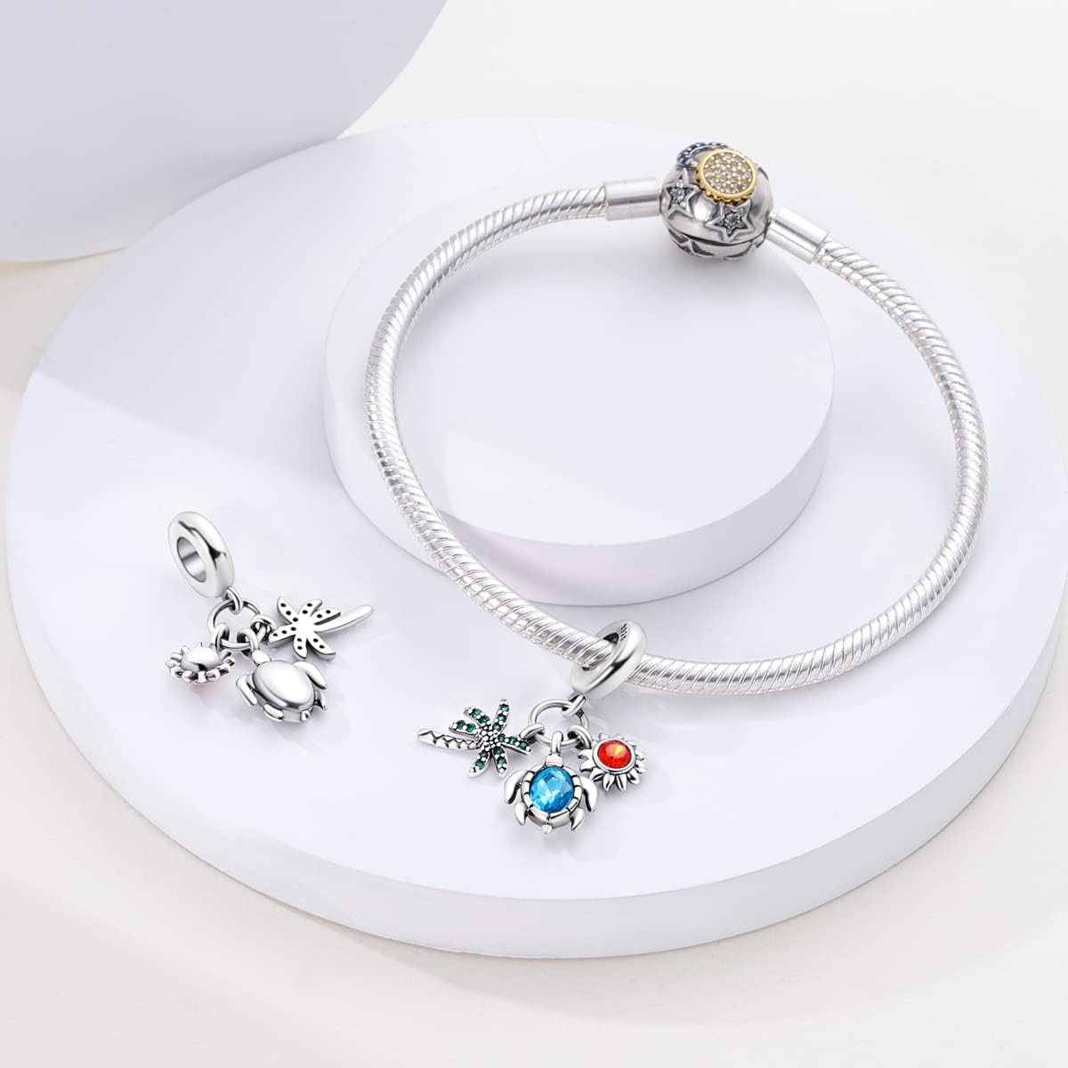 Charm Triple Pendant Palmier, Tortue et Soleil