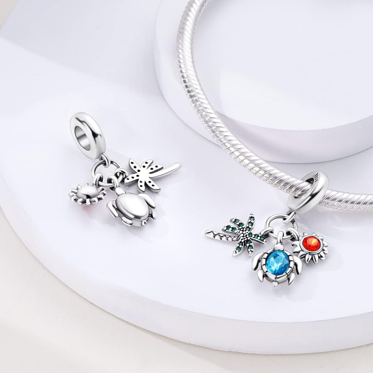 Charm Triple Pendant Palmier, Tortue et Soleil