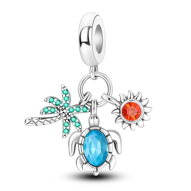 Charm Triple Pendant Palmier, Tortue et Soleil