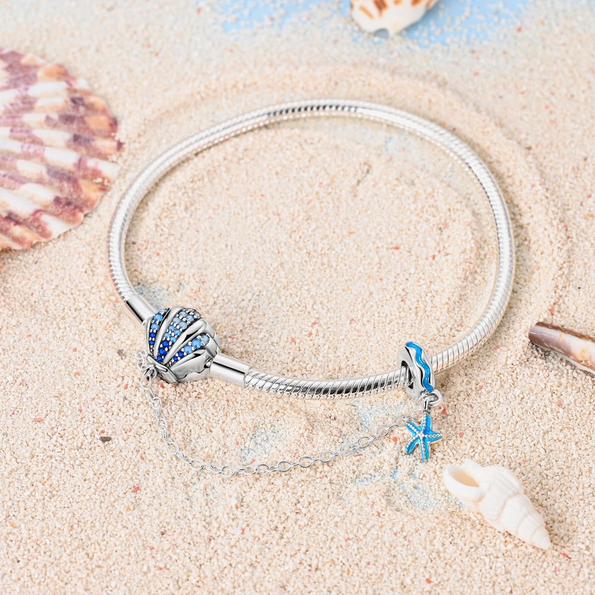 Bracelet Thème Océan avec Coquillage en Cristal Bleu et Charms Étoile de Mer